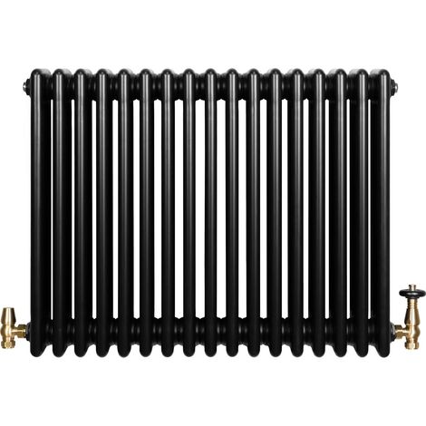 Traditional 4 Column Radiator & Valves - 600 x 785mm - Black
