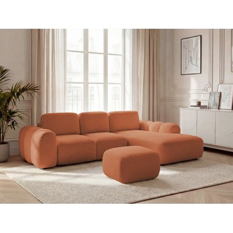 BOBOCHIC - Canapé d'angle convertible coffre grande méridienne MONTAIGNE tissu bouclette avec pouf Angle droit  Orange