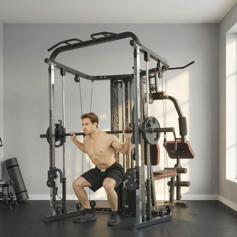 Stazione fitness Power Rack con pesi da 65 kg, lat machine, butterfly bar, panca per bicipiti regolabile, leg trainer