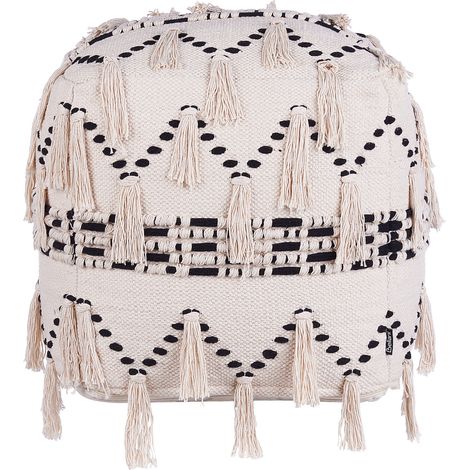 Puf beige y negro con borlas decorativas de punto de algodón diseño boho Thondi (1/5)