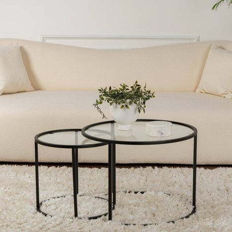 Dmora - Set mit 2 Couchtischen Xaden, Niedriger Wohnzimmertisch, Kaffeeregal, Couchtisch für Sofa, 60x60 h43 cm, Schwarz und Transparent (1/5)