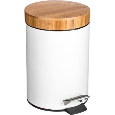 5Five Simply Smart – Poubelle de salle de bain 3L – Métal et bambou – Système à pédale – Entretien facile – D. 17 x H. 24 cm – Blanc