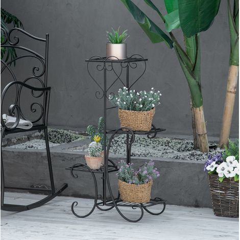 Étagère à fleurs 4 niveaux en métal noir pour jardin, balcon et intérieur, structure stable 24 kg, style rétro décoratif 45 x 24,5 x 80 cm - CHICFURN (1/5)