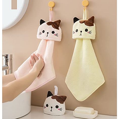 Ensemble mignon de 3 serviettes de bain avec anneaux de suspension, serviettes à imprimé animal pour enfants, chiffons absorbants en microfibre polaire corail, adaptés à la cuisine, la salle de bain e (1/4)