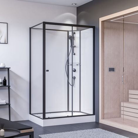 Breuer Komplettdusche als Schiebetür mit Seitenwand 800x1200mm Anschlag rechts Klarglas hell Rückwände weiß, Mattschwarz (1/5)