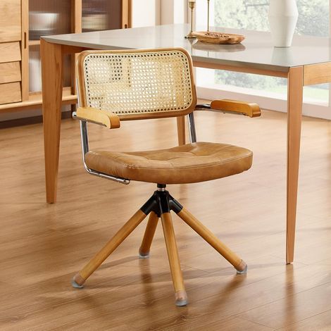 Drehstuhl mit Rattan-Rückenlehne, Kunstleder, Holzbeine, Mid-Century-Design, Gelbbraun (1/5)