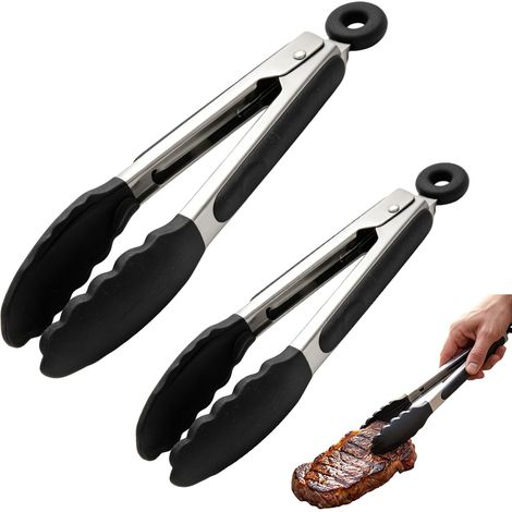 2 x Stainless Steel Silicone Kitchen Tongs, Set of 2 Sizes 21 cm and 27 cm, Heat Resistant Utensils for Grill and Kitchen (1/5)