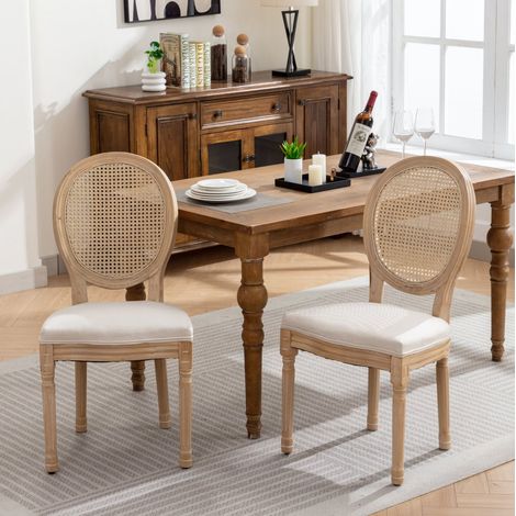 Set di 2 sedie da pranzo 59,5x49x95 cm in legno beige con schienale in rattan FloraGrace (1/5)
