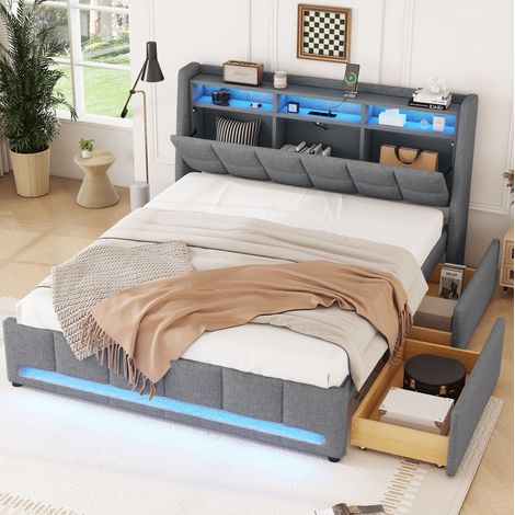 Cama tapizada 140x200 cm gris de lino con LED APP, USB y 2 cajones (1/5)