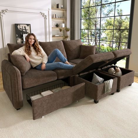 Multifunktionale Ecksofa U-Form-Dreisitzer Polster-Sofa mit Staufunktion – Inklusive Schubladen + Hocker mit Staufach, modular zerlegbares Sofa-Set mit Schlaffunktion, Chenille-Bezug