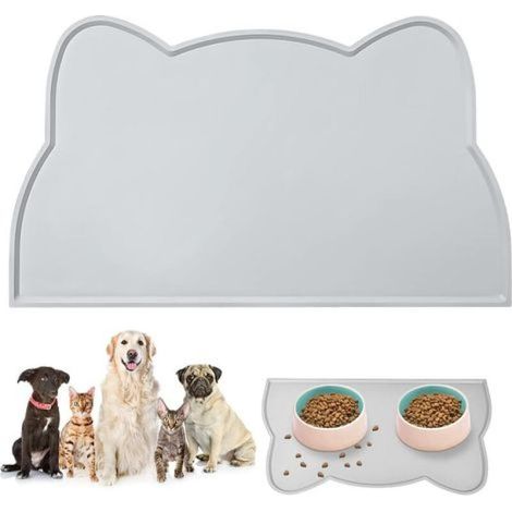 1 tapis de gamelle pour chien et chat gris 45 x 26 cm, tapis antidérapant en forme de tête de chat mignon, tapis d'alimentation en silicone imperméable (1/4)