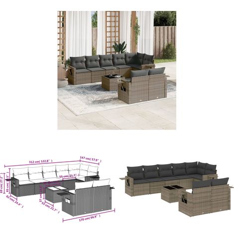 9-tlg. Garten-Sofagarnitur mit Kissen Grau Poly Rattan - Gartenmöbel - PE-Rattan Möbel - Outdoor Lounge Set - Sofasatz - Esszimmergarnitur - Home & Living (1/3)