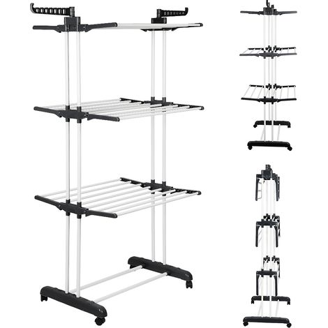 Séchoir à linge 3 niveaux inox,étendoir pliable ailes latérales,noir-blanc (1/5)