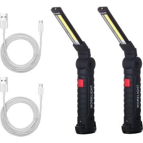 2 x Linternas de trabajo LED COB recargables, luz de taller, linterna, luz de trabajo LED con base magnética, luz de inspección para senderismo y camping. (1/5)