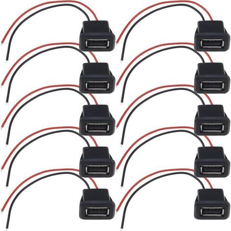 Pack of 10 USB 2.0 female connectors, 2-wire, 3A, 2-pin, with grooved loop for car CCTV cameras, audio recorders, household appliances, 10 cm (1/5)