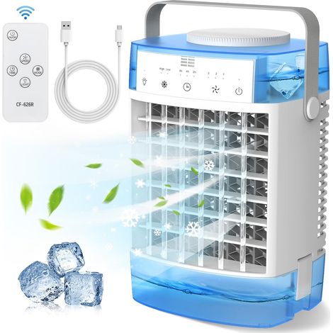 Petit climatiseur 4 en 1, ventilateur de refroidissement d'air de bureau, Ventilateur brumisateur rechargeable avec réservoir d'eau et minuterie