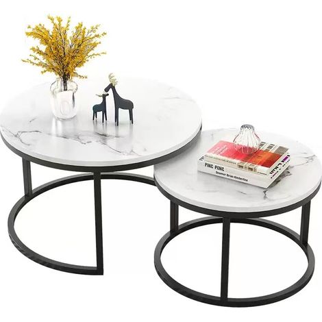 Hofuton Lot de 2 Tables Basses Gigognes, Table d'appoint Ronde, pour Salon, Salle à Manger, Chambre, Balcon, Blanc (1/5)