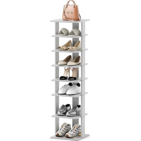 GOPLUS Meuble Chaussure à 7 Niveaux en Bois, 27,5 x 26,5 x 110 CM, Rangement Chaussures Vertical et Compact avec Étagère Réglable pour Chaussures Différente Hauteur, Idéal pour Couloir Salon Entrée (1/5)