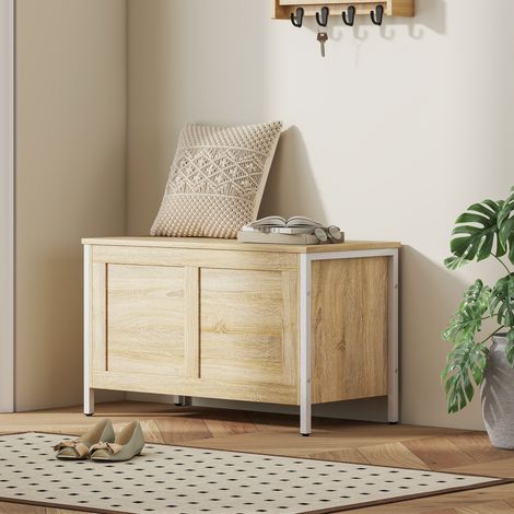 Coffre de rangement pour chambre 95 L avec couvercle, banc de rangement avec charnière de sécurité, 80 x 40 x 50 cm, chêne