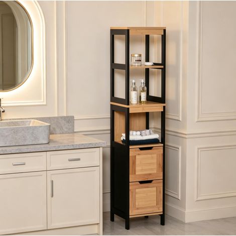 Mobile alto da bagno 30x30x144.3 cm, con 3 ripiani e 2 cassetti, bambù e MDF nero naturale (1/5)