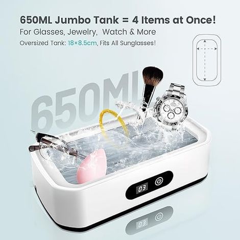 650ML Nettoyeur Ultrasons, 49000Hz Nettoyeur Ultrasons Lunettes pour Lunettes, Montres, Bijoux,Pièces de Monnaie, Appareils Dentaires et Têtes de Rasoir, Bac Ultrasons avec 6 Timer Réglages (1/5)