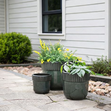 Lot de 3 pots de fleurs en céramique émaillée vert foncé (1/5)