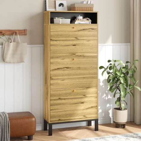 Schuhschrank mit 3 Klapptüren und offenen Fächern, Natur, 63x24x147 cm