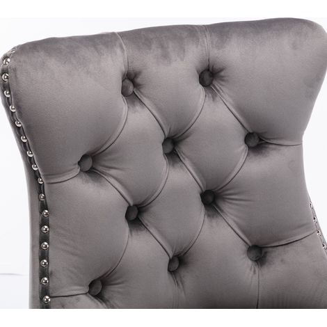 Tabourets de bar rembourrés en velours gris avec dossier haut, pieds en bois massif et décor en clous chromés, lot de 2 (1/5)