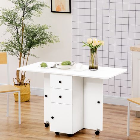 HOMCOM Klapptisch mit Rollen und ausklappbaren Seitenteilen, multifunktionaler Beistelltisch mit Stauraum, 120 x 60 x 76,5 cm, Weiß