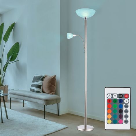Stehlampe Deckenfluter Wohnzimmerleuchte Schlafzimmerlampe Stehleuchte, Metall Glas nickel Chrom, RGB LED dimmbar Fernbedienung, 1x E24 1x E27, 8,5W 806Lm 3000K warmweiß, H 178cm