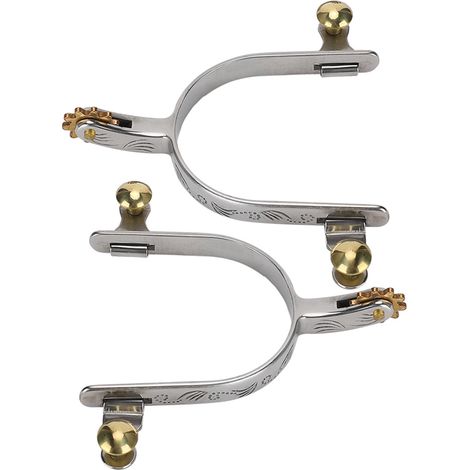 Éperons de cheval compacts style cowboy de l'Ouest, en acier inoxydable (lot de 2), avec molette en laiton et bouton de ceinture. (1/5)