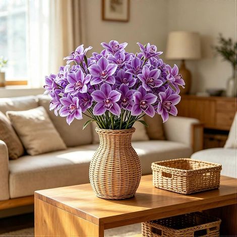 Lot de 3 tiges d'orchidées Cymbidium artificielles 3 têtes réalistes avec boutons, tige longue, branche fausse, vase violet (1/5)