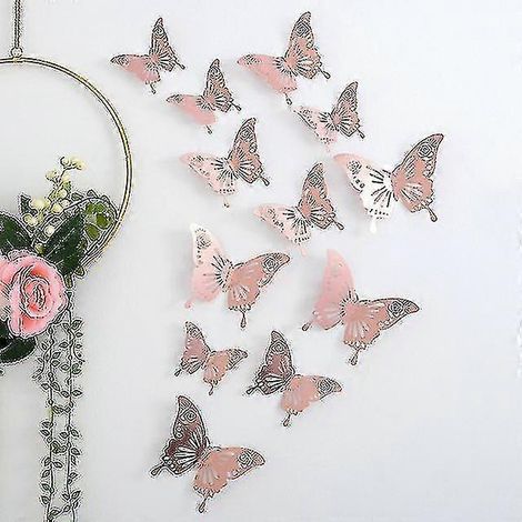 Lot de 12 papillons 3D décoratifs pour salon, couleur or rose. (1/5)