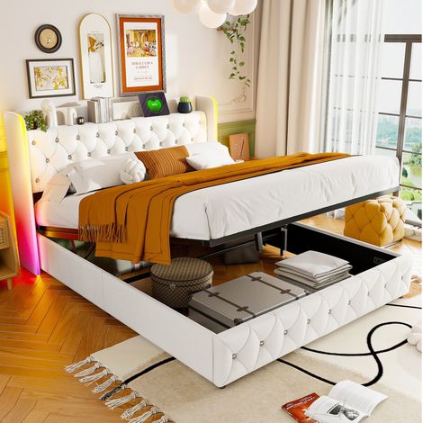 lit coffre 140x200cm, lit 140x200 avec Sommier à lattes, avec port USB et LED, Cadre de Lit pour 2 Personne, velours, Beige