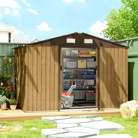 Cobertizo de Jardín Exterior 4,9 m² 277x195x192 cm con Puerta Corredera Ventilación y Kit de Fundación Marrón (1/5)