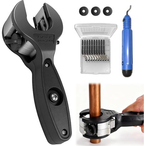 Coupe tube cuivre 8-29 mm, coupe tube cuivre 8-29 mm, coupe tube à cliquet en acier, coupe tuyau pour acier inoxydable, cuivre, PVC, aluminium, avec 3 roulettes de rechange et outils d'ébavurage (1/5)