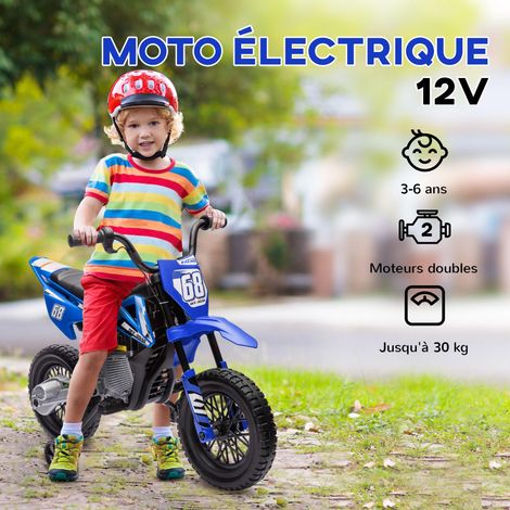 Moto électrique pour enfants, adaptée à la conduite hors route pour les enfants de 3 à 6 ans, double moteur 12V, vitesse maximale 5 km/h, dimensions : 109,5 x 60 x 72,5 cm, bleue. (1/5)