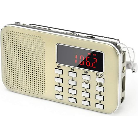 Petite radio portable rechargeable avec batterie rechargeable de 1 200 mAh et éclairage de secours, mini USB/SD/AUX (doré) (1/5)