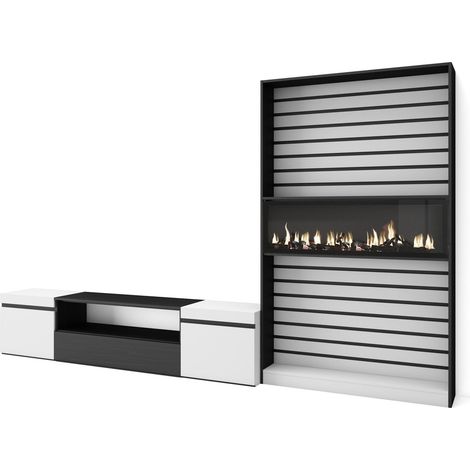 Skraut Home – Ensemble meuble TV moderne avec cheminée électrique – Dimensions 310x35x186cm – Pour TV jusqu'à 80" – Noir et blanc (1/5)