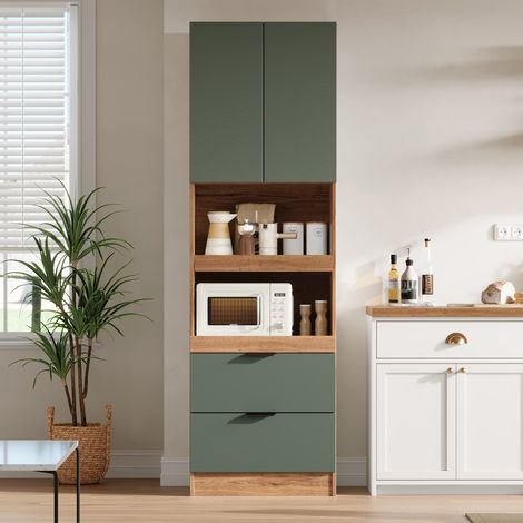 Armoire haute de cuisine 59,5x45x200 cm avec 2 tablettes coulissantes, 2 tiroirs, grand rangement micro-ondes, anti-basculement, MDF vert (1/5)