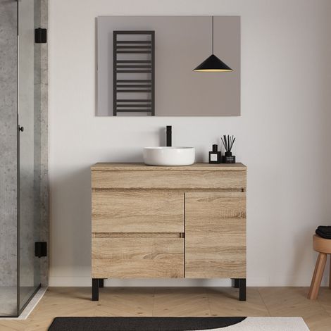 Meuble de salle de bain 90cm avec plateau et vasque à poser ronde - porte et tiroirs - cambrian (chêne clair) - LAZARO (1/5)