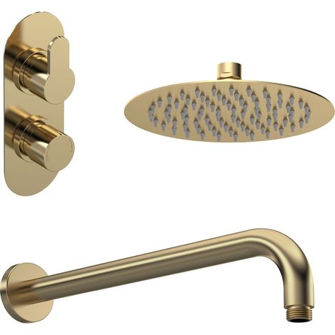 Nuie Arvan Thermostatic Twin Round Concealed Shower Valve with Fixed Head and Arm - Brushed Brass