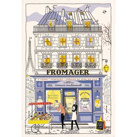 Torchon de Cuisine Écru Motif Fromagerie Parisienne 100% Coton pour Vaisselle 48 x 72 cm - PANGIVO