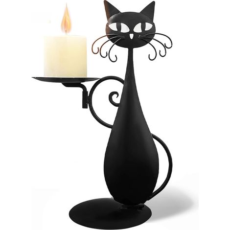 Bougeoir chat en métal noir, décoration de table vintage, idéal pour mariages, fêtes et anniversaires (noir) (1/5)