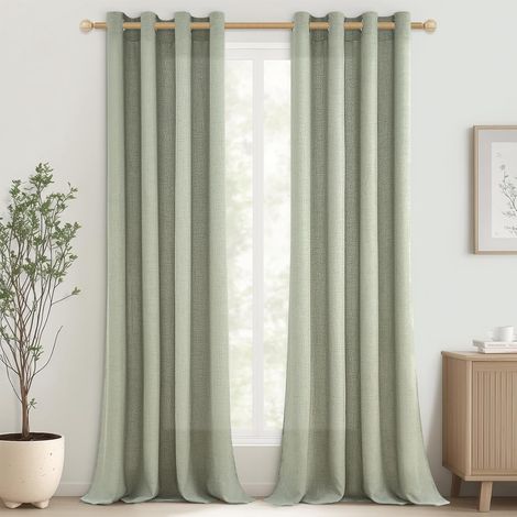 Lot de 2 Rideau Voilage Effet Lin Vert Sauge Translucide à Oeillets pour Salon Moderne, Rideaux et Draperies Intérieurs Rideau Voile Doux pour Salle à Manger Chambre Enfant, 140x245 CM (1/5)