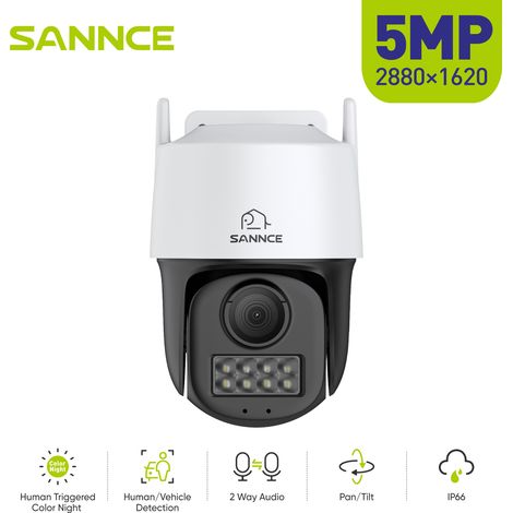 SANNCE Cámara Poe Interior/Exterior PT 5MP con Visión nocturna en color, giro de 350°, Cámara inclinada de 90°, vigilancia interior, Detección de Vehículos Humanos, Audio Bidireccional, Grabación 24/7 (1/5)