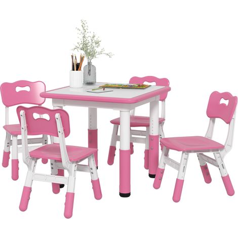 Set Tavolo con 4 Sedie per Bambini Altezza Regolabile Rosa (1/5)