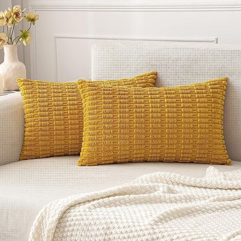 Lot de 2 housses de coussin en velours côtelé (30 x 50 cm), style moderne, coussins décoratifs pour canapé et chambre, style bohème, jaune. (1/5)