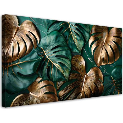 Tableau déco Feuilles de monstera vertes dorées 80x40 (1/5)