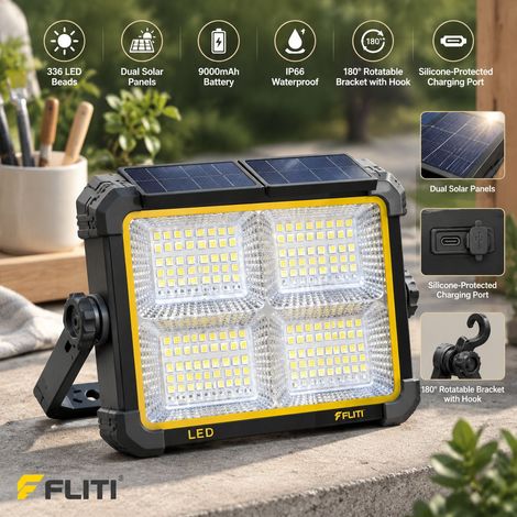 Projecteur LED Rechargeable 150W Sans Marque Portable Double Panneau Solaire 9000mAh 336 LEDs IP66 4 Modes Lumière Puissante (1/5)